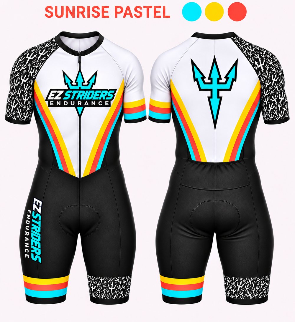 Front and back renderings of the EZ Striders "Sunrise Pastel" tri-suit concept: white chest with the team logo, yellow, coral and turquoise stripes, black shorts, and trident-pattern sleeves